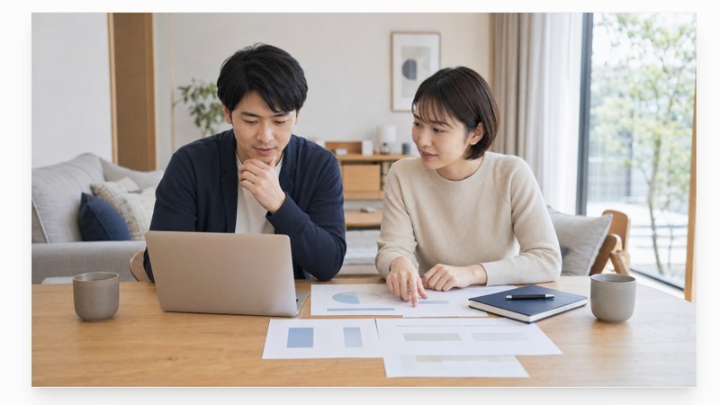 家族でリビングで話し合う若いカップル