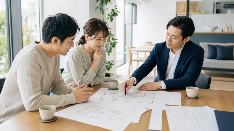 施工会社との設計打ち合わせ 担当者と間取り図を前に相談している