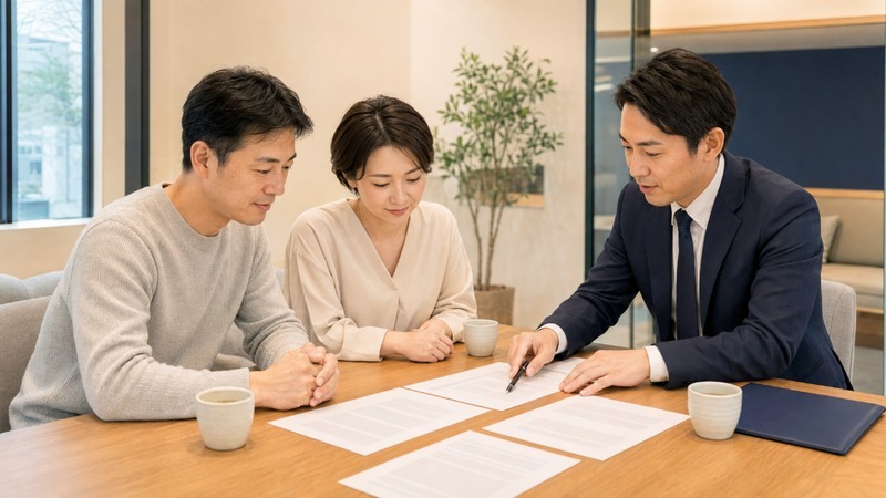 不動産担当者と夫婦が書類を確認している
