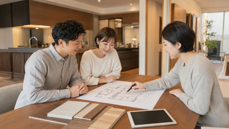 ショールームで、住宅の図面と設備サンプルを前に担当者と相談する30代夫婦
