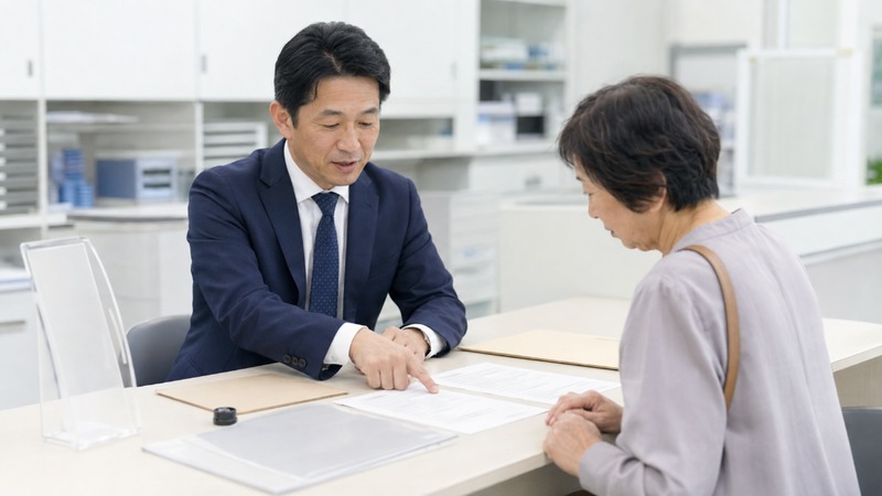 法務局の窓口で、相続登記の申請書類を確認している専門家と相談者