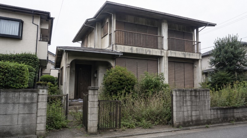 郊外の住宅地に建つ、庭の草が伸びた空き家