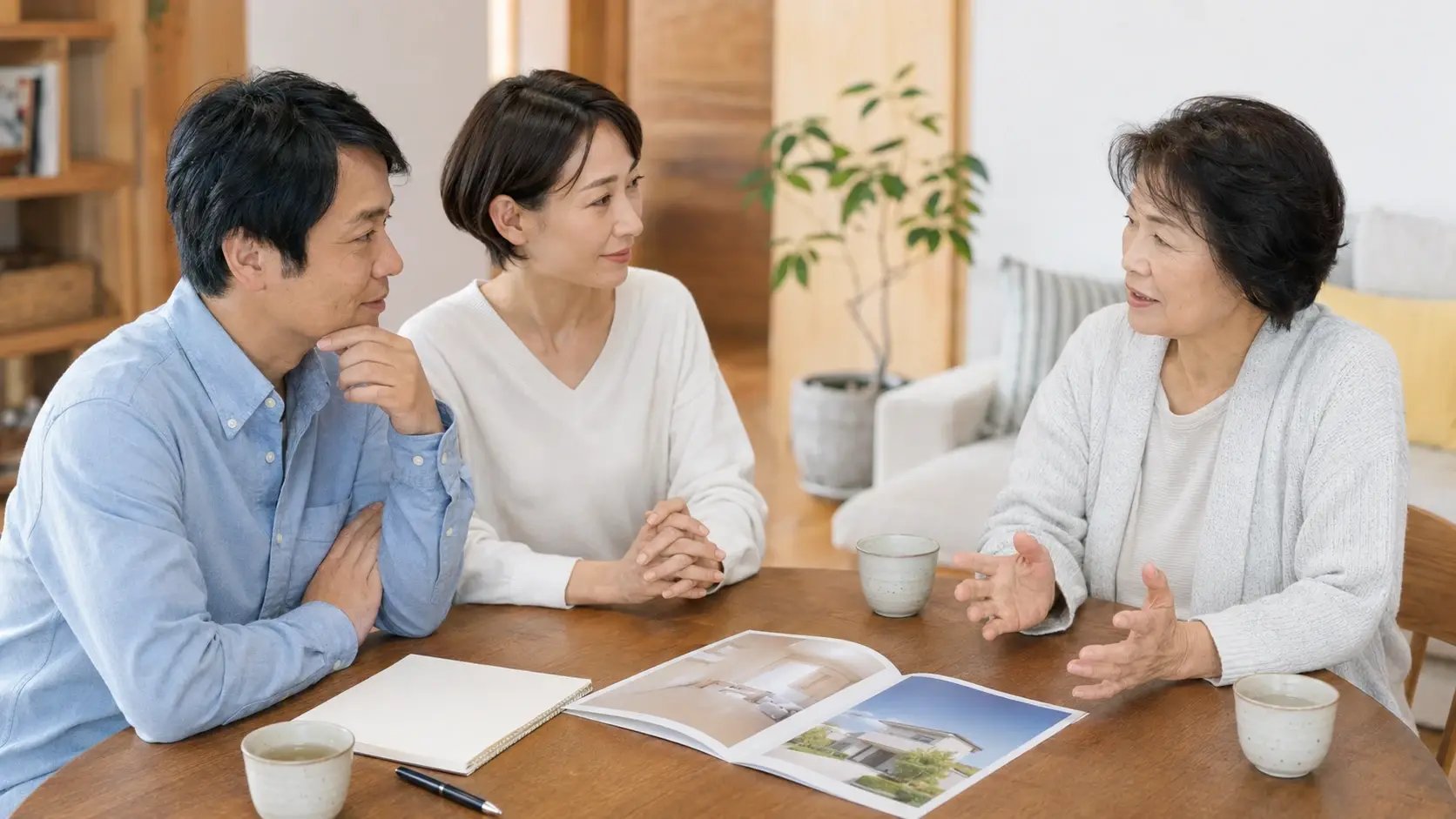 リビングのテーブルで住宅資金の相談をする親世代と子世代の家族