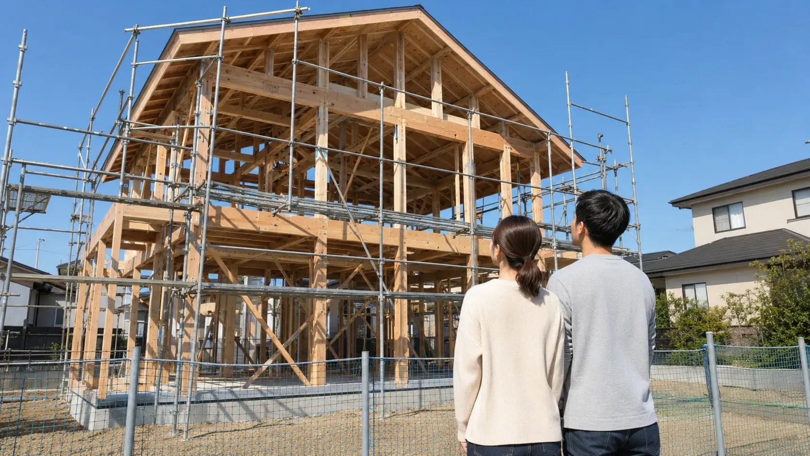 建築中の木造住宅の上棟現場を見上げる施主夫婦