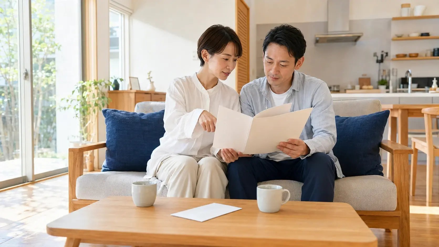 完成した木の温もりのある新築住宅のリビングと、書類を確認する夫婦