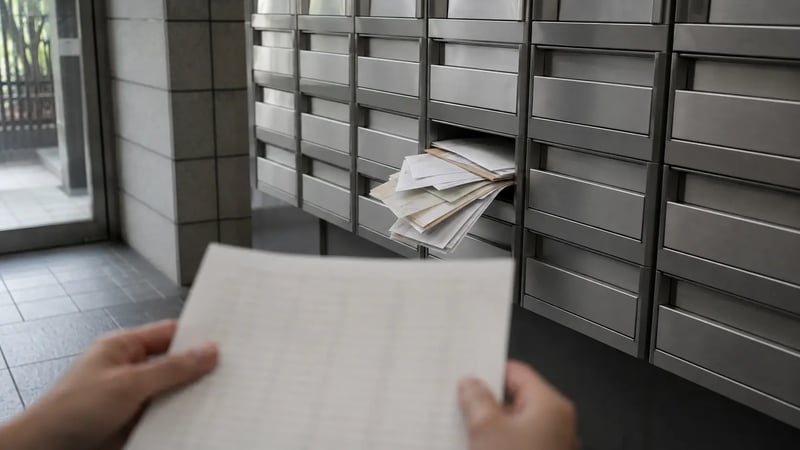 郵便受けに溜まった通知と、管理組合の名簿を確認する場面