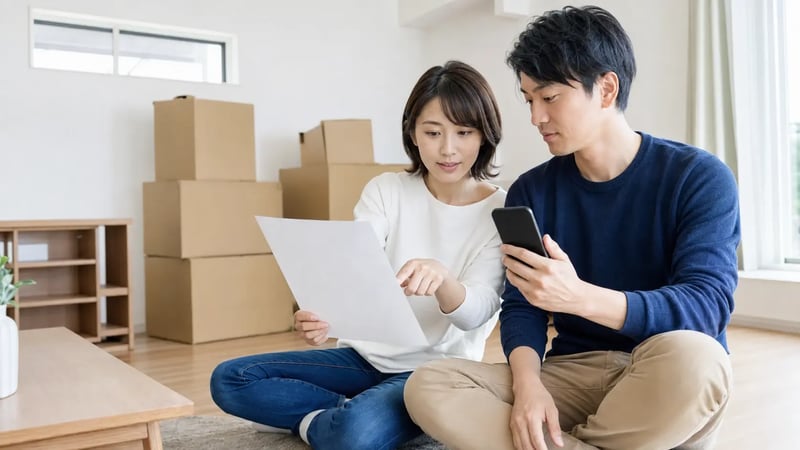 引っ越しのダンボールが積まれたリビングで、登記事項証明書とスマートフォンを見比べながら手続きを確認する30代夫婦