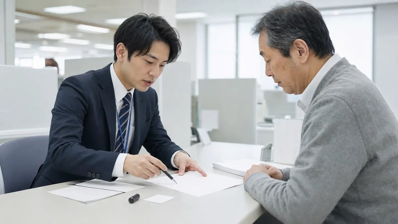 法務局の窓口で、司法書士に登記申請書の記入方法を説明してもらう50代男性