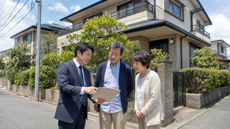 郊外の一戸建ての前で、不動産会社の担当者から売却スケジュールの説明を受ける60代夫婦