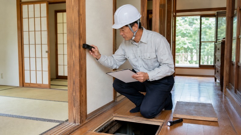 建築士が床下や壁の接合部を点検している