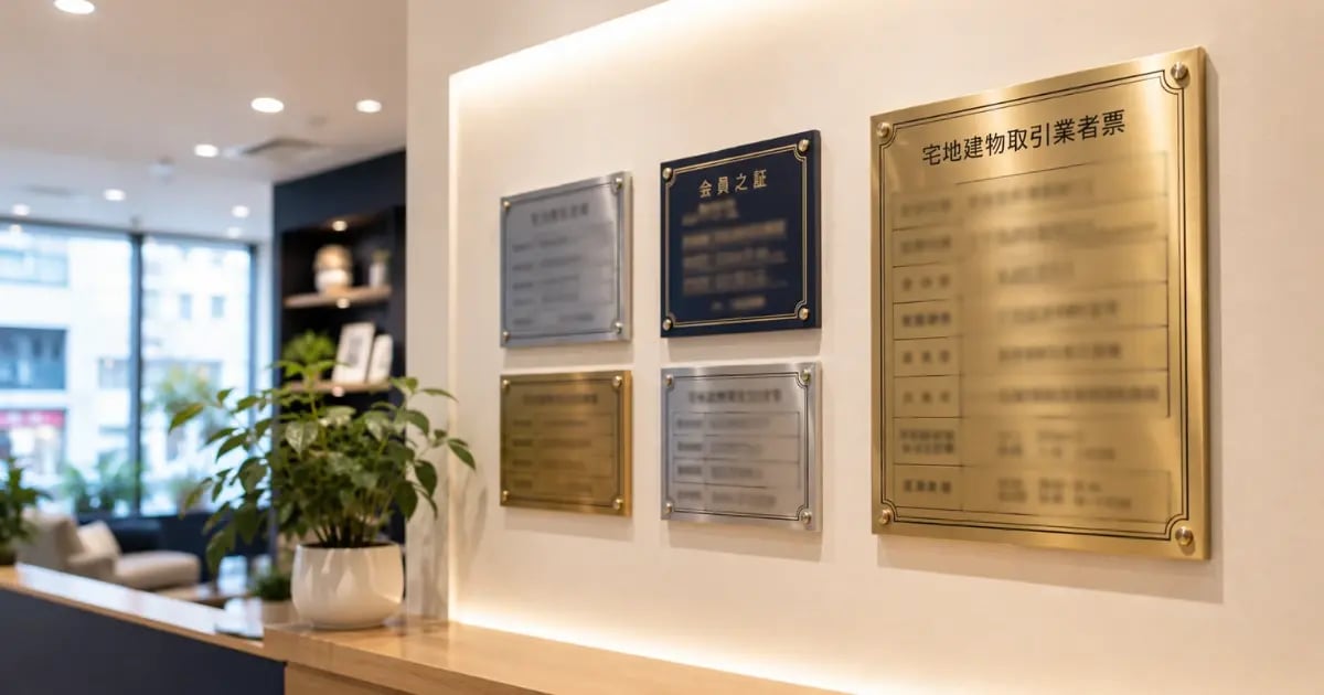 宅地建物取引業者票が掲示された店舗内観