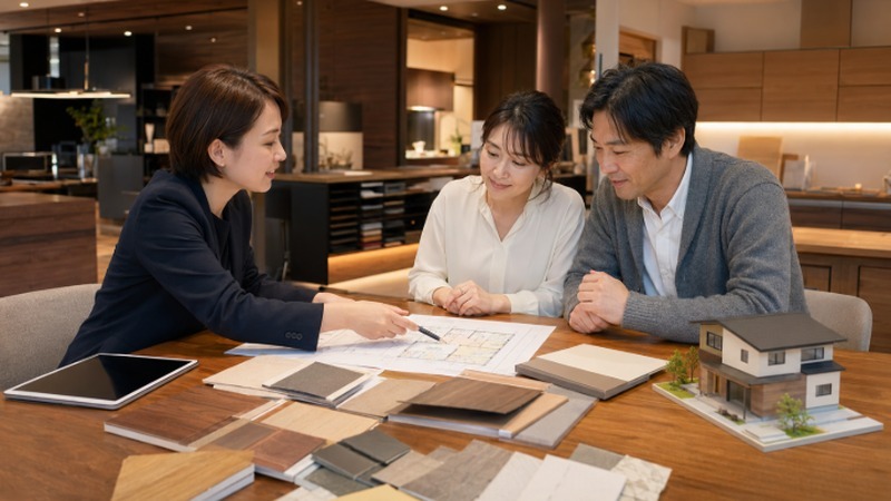ショールームで設計プランナーと施主が図面を見ながら和やかに打ち合わせをしている