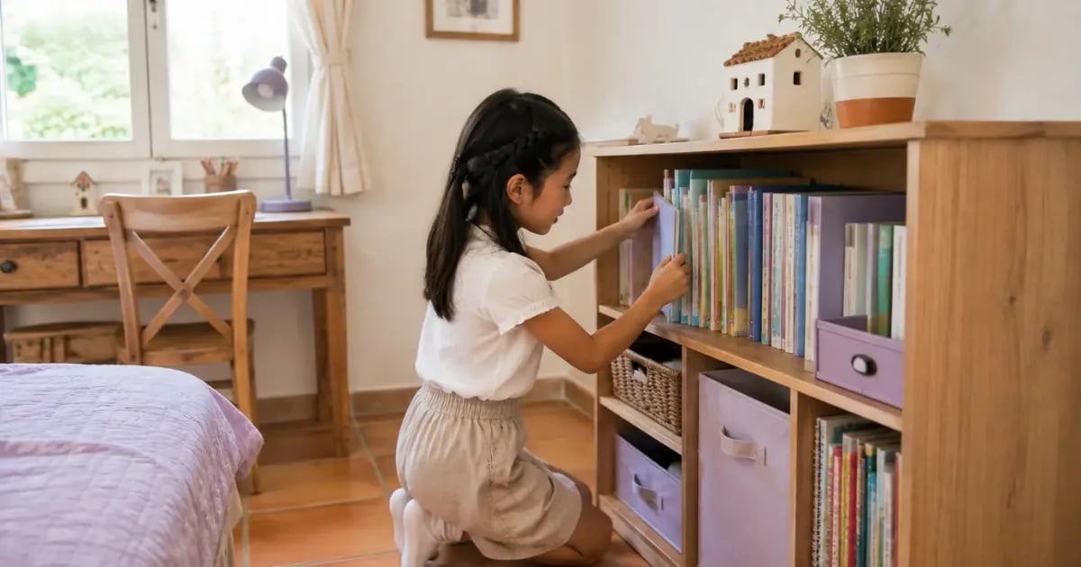 子供部屋で、収納棚に教材を整理しながら片付けをする子供の様子