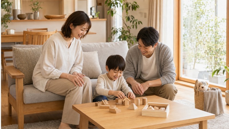 完成した明るいリビングでくつろぐ家族
