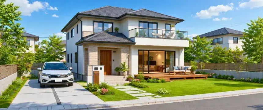 明るい日差しの中の現代的住宅