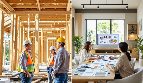 建築途中の住宅写真・設計プラン打ち合わせ