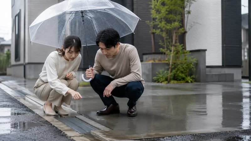 雨の中、しゃがんで排水口や駐車場の水はけを確認するカップルの様子