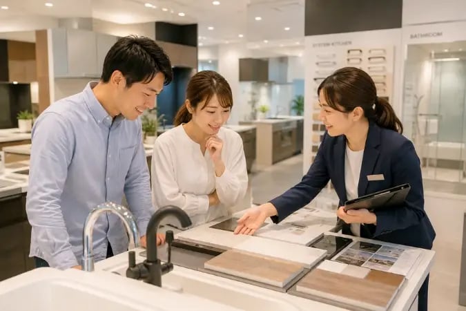 ショールームで設備の仕様を確かめながら、担当者と語らう夫婦の様子