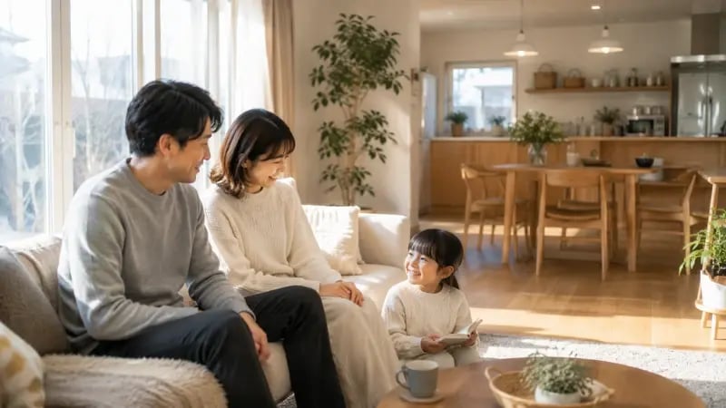 冬でも暖かいリビングでくつろぐ家族