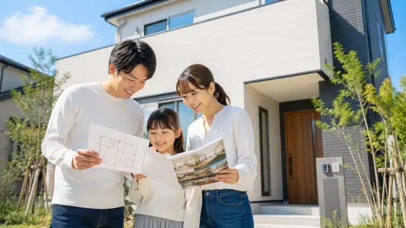 新築の戸建て住宅の前で、間取り図を見ながら話し合う家族の様子
