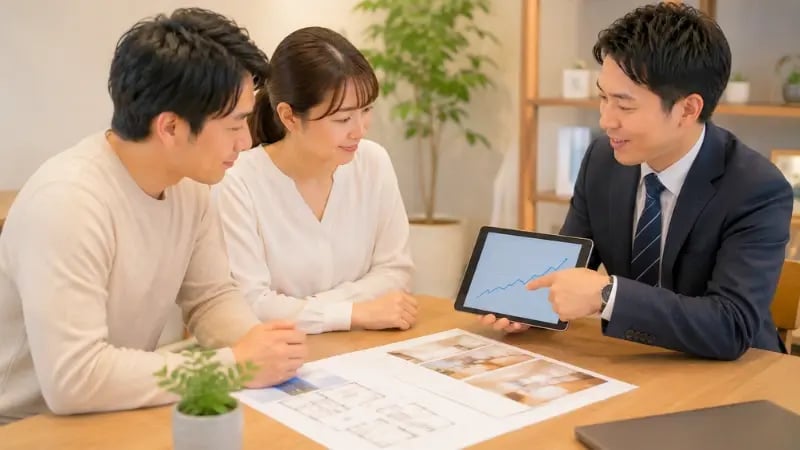 タブレットで物件の価格推移グラフを担当者と一緒に確認する様子