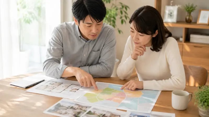 間取り図と地図を見比べながら、エリアごとの相場を確認する様子