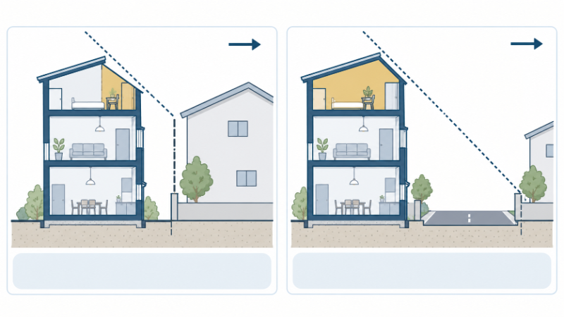 北側に道路がある土地と隣家がある土地の北側斜線の違い