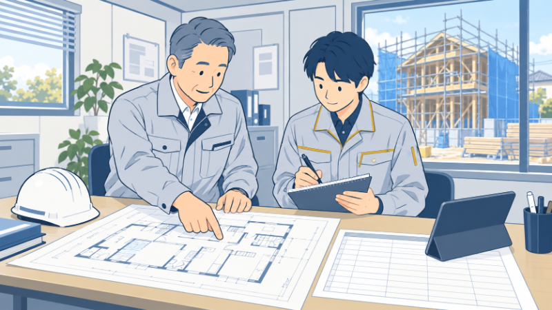先輩の施工管理と若手が図面を確認する様子