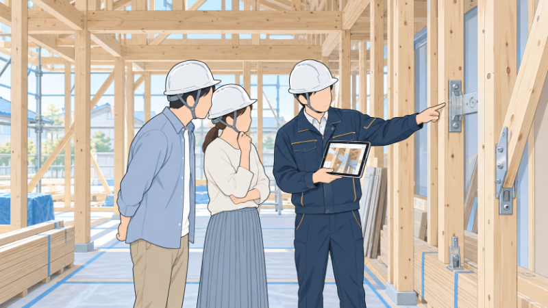 工事中の現場で施主に施工状況を説明する現場監督