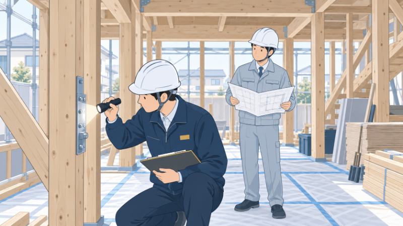 工事中の住宅で評価員が検査する様子