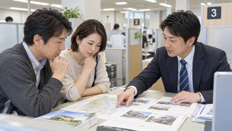 市区町村の窓口で空き家の相談をする家族