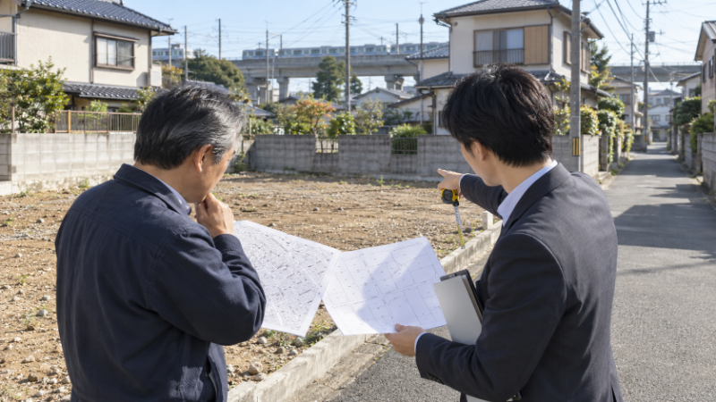 路線価図と公図を広げて土地の形状を確認する場面