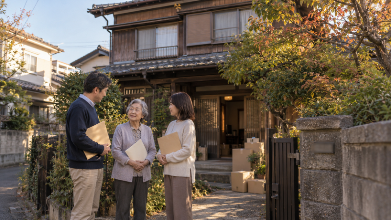 相続した実家の前で今後について話し合う家族