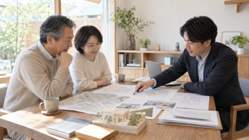 相続した土地と建物の資料を前に相談する場面
