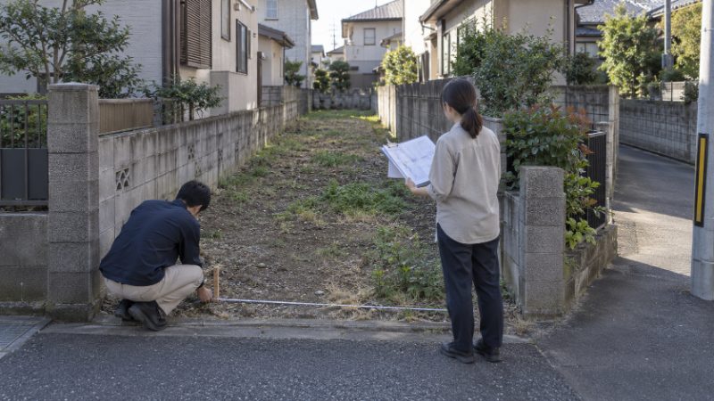 住宅地の空き地で巻尺と公図を使い、間口の狭い敷地の境界を確認している2人