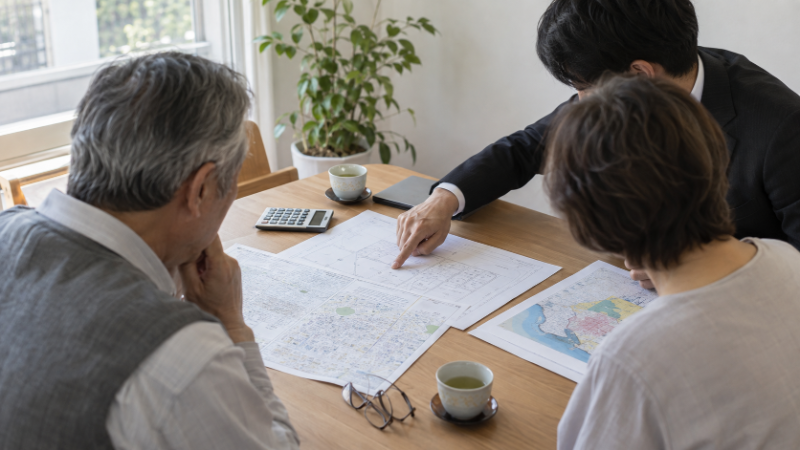 住宅地図・公図・測量図・ハザードマップの写しを広げて相談している夫婦と担当者