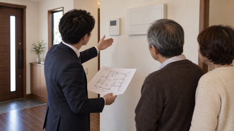 住宅の玄関近くの壁に取り付けられた白い箱型の住宅設備コントローラと分電盤
