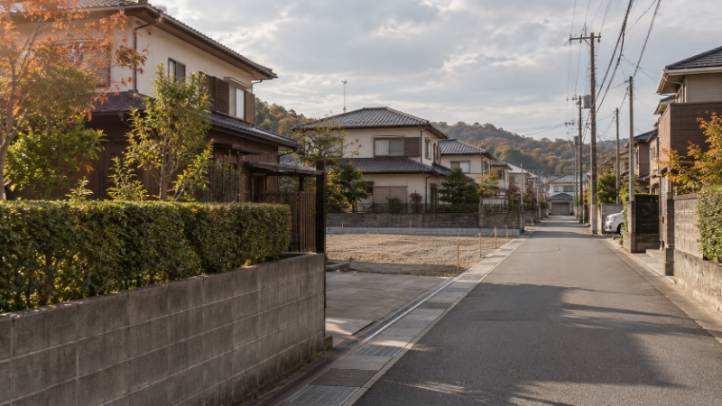木造2階建てが並ぶ住宅地の道路。手前にブロック塀と生垣、区画のひとつは境界杭の見える空き地
