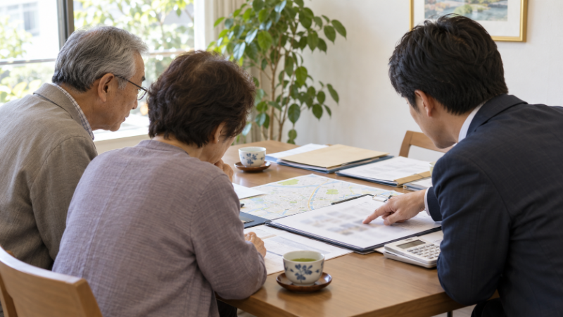 書類のファイルと住宅地図を広げ、担当者と向かい合って相談している年配の夫婦