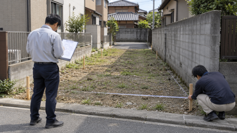 間口が狭く奥行きの長い空き地の前で、図面と巻尺を使って境界杭のそばを確認している2人