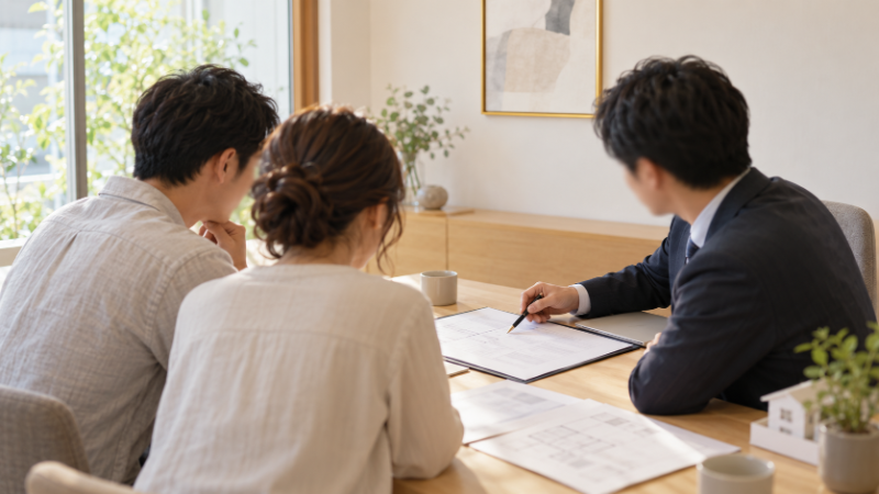 相談スペースで担当者と書類を確認している夫婦の後ろ姿