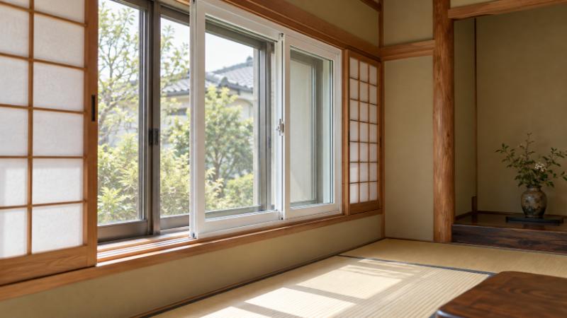 和室の窓に取り付けた白い樹脂枠の内窓。外側のアルミサッシと二重になっている