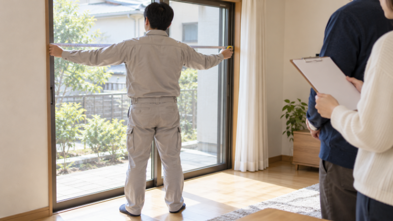 リフォーム会社の担当者が居間の掃き出し窓の幅をメジャーで測り、住まい手が見守っている