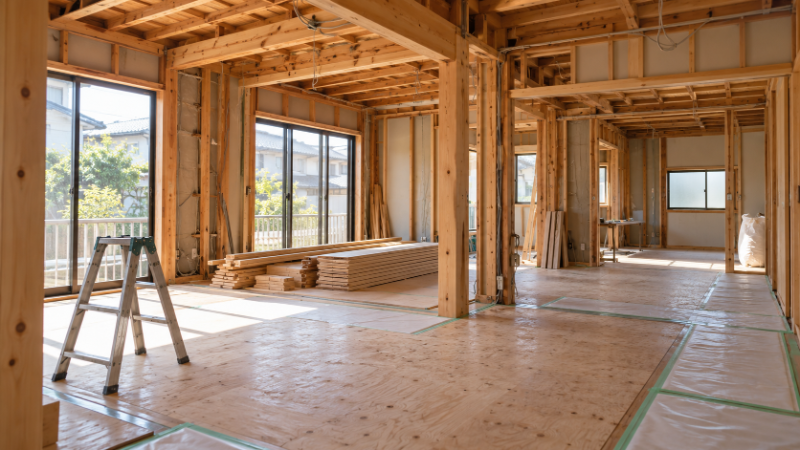 間取りを変える工事中の木造住宅の室内。仕上げがはがされ、柱と梁が見えている