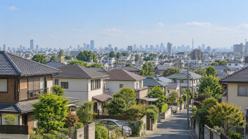 低層の戸建て住宅が並ぶ首都圏の住宅地と、遠くに見える都市の建物