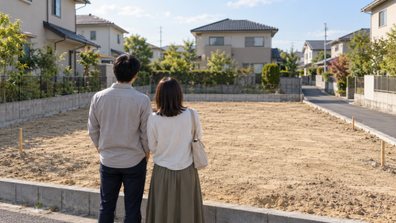 整地された住宅用の更地の前に立ち、区画を眺める夫婦の後ろ姿