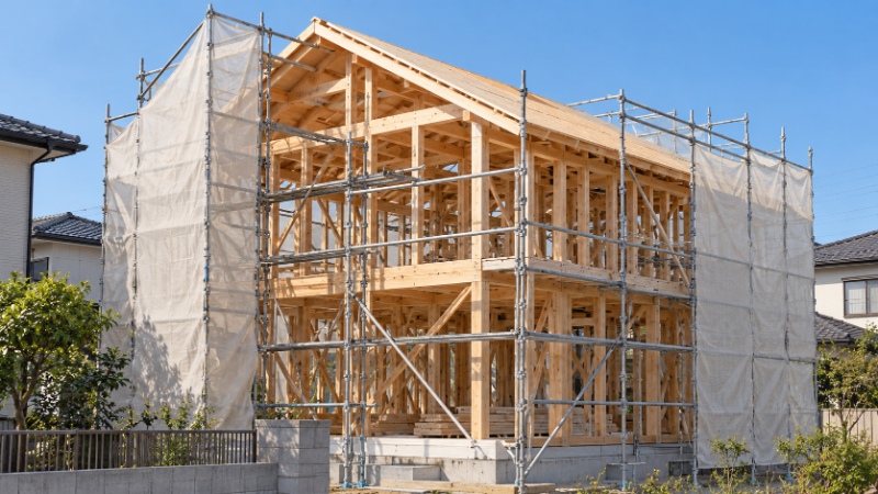 青空の下で柱と梁が組み上がった、上棟を迎えた木造住宅の骨組み