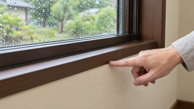 雨の日の住宅の窓辺で、サッシのまわりと窓の下の壁を確かめる見学者の手元