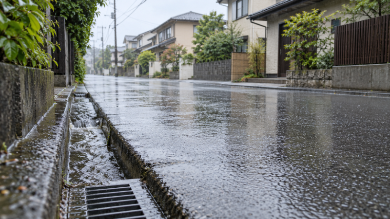 雨の日の住宅地で、住宅の前の道路と側溝を雨水が流れていく様子