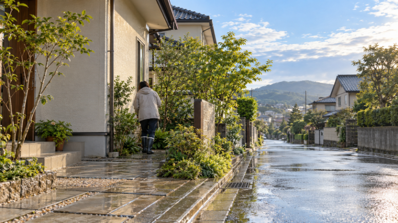 台風が過ぎた翌朝の住宅地で、水の引いた道路と住宅の外まわりを確かめる住人